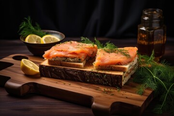 sandwich with smoked fish on wooden tray