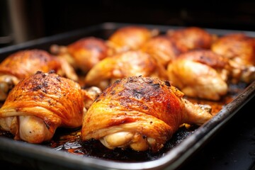 fully cooked chicken thighs resting on a roasting tray - obrazy, fototapety, plakaty