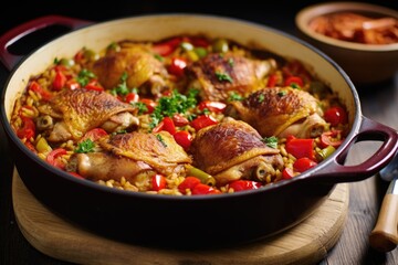 hearty chicken thighs resting in a paella dish