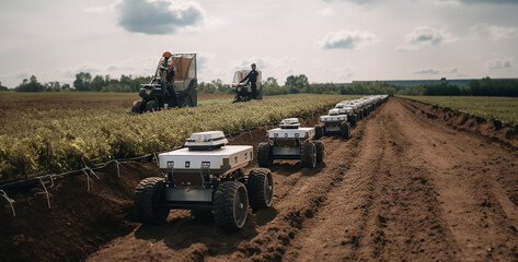 tractor working in the field,  photo of robots tending a farm