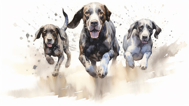 a group of cheerful dogs running on a white watercolor background.