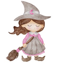 Witch illustrated in watercolor isolated in white background.
Pink Halloween elements illustrated in watercolor isolated in white background.

