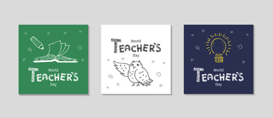 Happy Teachers day card with school chalk doodle illustration. Social media Post template set.