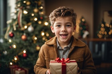 A beautiful smiling boy in a brown jacket looks into the camera with a gift box on a New Year's background.