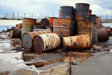 Old and rusted leaking oil drums or barrels