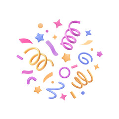 3D party confetti render. Plastic spirals, cartoon stars, squiggles, circle, ribbon splash. Isolated colorful firecracker elements. Vector Illustration for birthday, new year banner design.