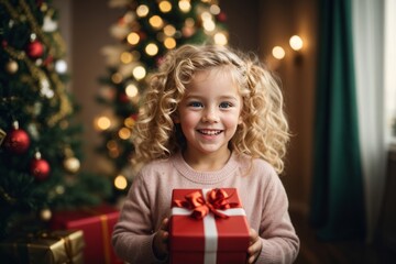 A little joyful blonde girl wearing a pink warm sweater and holding a red gift box on a New Year's background looks at the camera and smiles.
