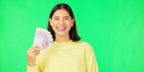 Money winner, portrait or happy woman on green screen with lottery jackpot, competition giveaway. Goal, success or excited rich female person with Euros or gambling cash prize on studio background