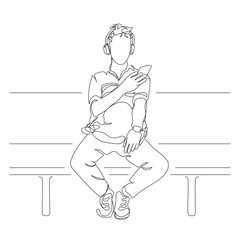 Man with headset using phone to watch vertical video. Sitting on bench. Holding backpack and wearing watch. Single line drawing. Black and white vector illustration in line art style.