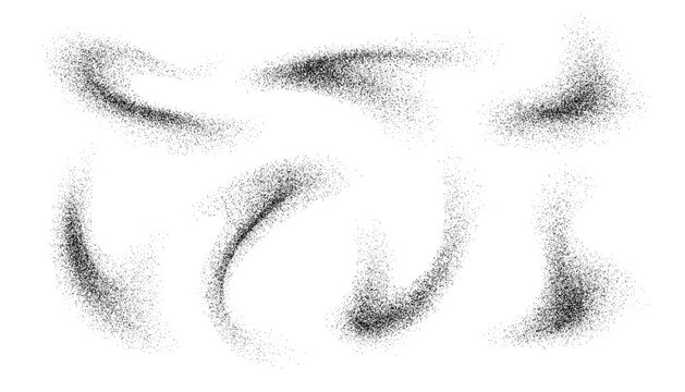 Charcoal splashes, black dotwork grain texture, abstract stipple sand effect, gradient from dots isolated on white background. Vector illustration.