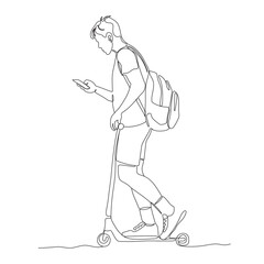 Fototapeta na wymiar Young man with backpack riding children scooter. Checking his mobile phone with wireless headset on the go. Single line drawing. Black and white vector illustration in line art style.
