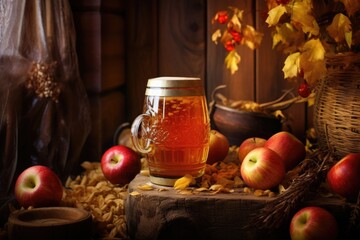 pouring cider into a glass with a harvest motif in the background