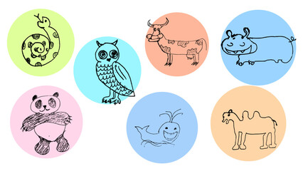 Doodle characters  set, snake, cow, panda, hippopotamus, camel, whale,