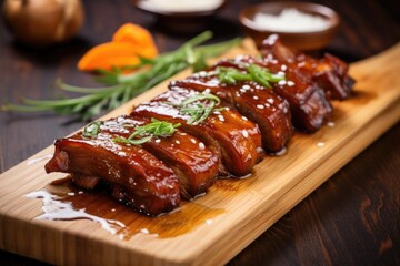 glazed pork ribs on a bamboo board