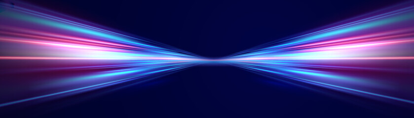 Naklejka premium Abstract background of luminous lines. Neon lines. Laser rays. Abstract blue light lines on dark background. Futuristic technology style. Vector illustration road.