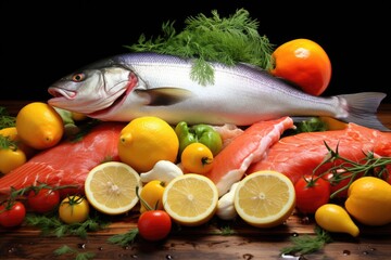 a variety of citrus fruits surrounding raw fish