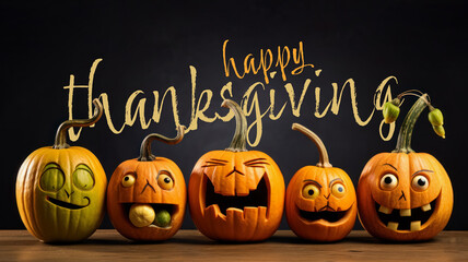 Happy Thanksgiving with funny pumpkins and squashes.