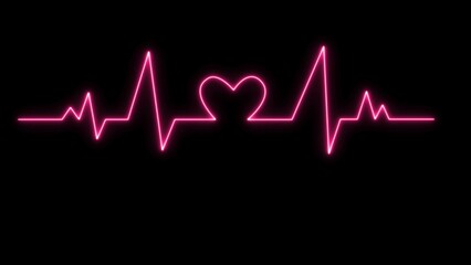 Neon Digital Heartbeat Plus Black BG, Heart Beat Line Cardiogram Medical Background, EKG ECG Heartbeat, Glowing Neon Heart Rate pink color.