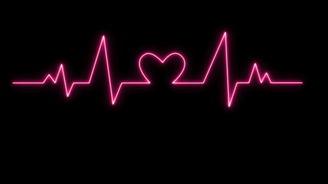 Neon Digital Heartbeat Plus Black BG, Heart Beat Line Cardiogram Medical Background, EKG ECG Heartbeat, Glowing Neon Heart Rate pink color.