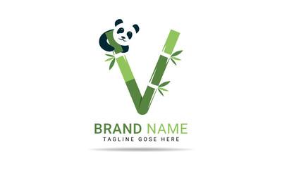 Initial V alphabet with bamboo panda. eco-friendly logo concept. Letter V alphabet symbol for business and company identity	
