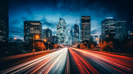 Fototapeta premium Vibrant Urban Nighttime Cityscape with Blurred Traffic Light Trails, long exposure