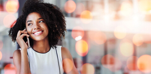 Phone call, smile and business woman by bokeh in office for discussion on b2b deal, agreement or...