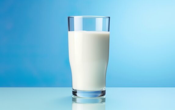 A glass of milk on a blue background with copy space.