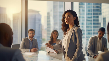 A confident woman with a diverse and minority representative background leading a business meeting with attentive coworkers in the background  - obrazy, fototapety, plakaty