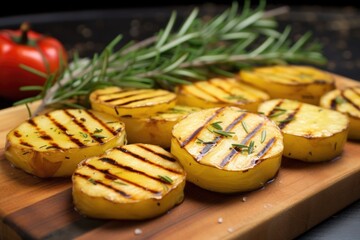 grilled potatoes with rosemary spriggs on a bamboo matt