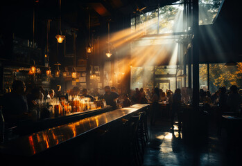 People socializing at a bar. A group of people sitting at a bar - obrazy, fototapety, plakaty