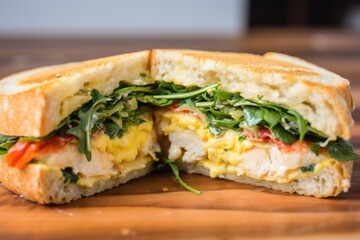 seafood-filled sandwich pressed by a yellow brick