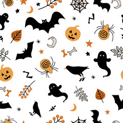halloween seamless pattern with pumpkin,ghost,spider,bat,spider web,crow,star,moon,buds,bone,leaves,Colorful hallowen vector illustration,symbol,
