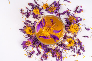 Blue lotos, Nymphaea caerulea hot tea. trendy natural beverage. Anti-stress, soothing and relaxing...