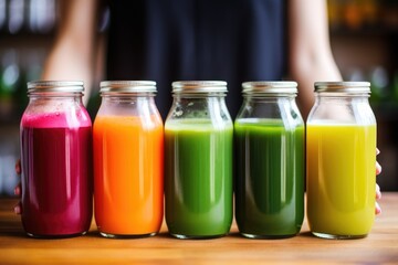 a vary of cold pressed juices in vibrant colors, hand selecting one