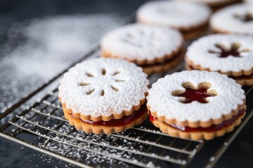 freshly baked linzer cookies with a dusting of powdered sugar