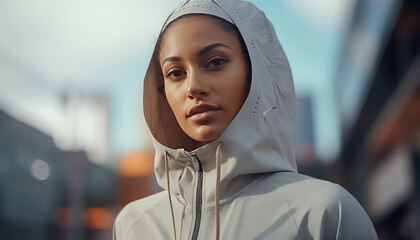 Arabic woman with hoodie sportswear portrait, lifestyle photography - obrazy, fototapety, plakaty