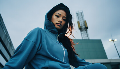 East Asian woman portrait wearing sportswear, street environment and natural light