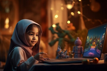 Little girl in a blue hijab is sitting at the table with a laptop. - obrazy, fototapety, plakaty