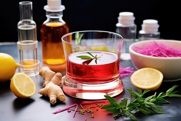 cosmopolitan cocktail in the center of unstirred cocktail ingredients