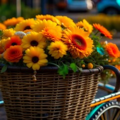 Wicker basket with yellow flowers.