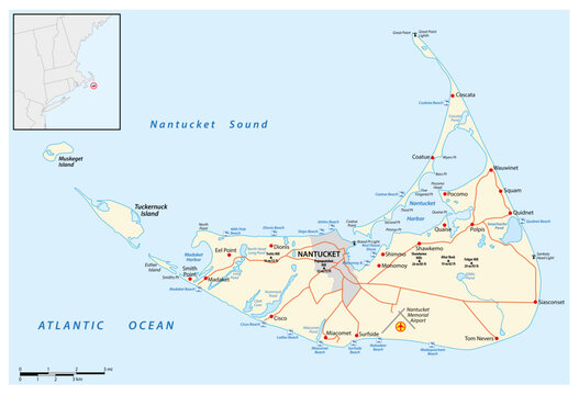 Map of Nantucket Island in the US state of Massachusetts