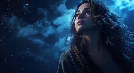 Beautiful woman looking at the night starry sky - obrazy, fototapety, plakaty