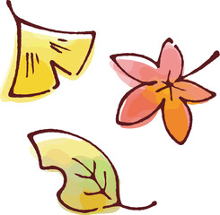 秋の落ち葉（もみじ、イチョウ、枯葉）手描き水彩風のベクターイラスト