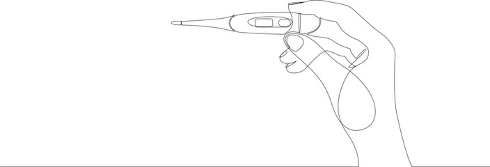 Hand holding digital thermometer continuous one line drawing. Health care concept drawn by single line. Vector illustration.