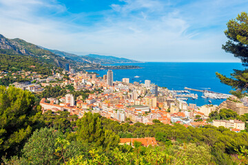 High angle view on the City State of Monaco at the French Riviera on summer day in June - obrazy, fototapety, plakaty