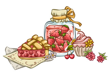 Cozy composition with jam, cherry pie and cupcake