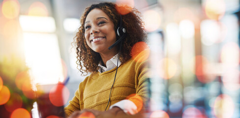 Happy woman, call center and customer service on bokeh background for telemarketing or online...