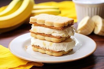 Fototapeta na wymiar banana ice cream sandwich on a yellow plate with banana slices
