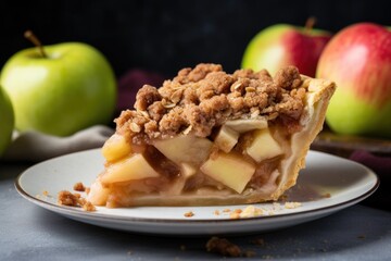 a slice of apple pie with a crumble topping