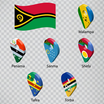 Six flags the  Provinces of Vanuatu -  alphabetical order with name.  Set of 3d geolocation signs like flags Provinces of Vanuatu. Six 3d geolocation signs for your design. EPS10
